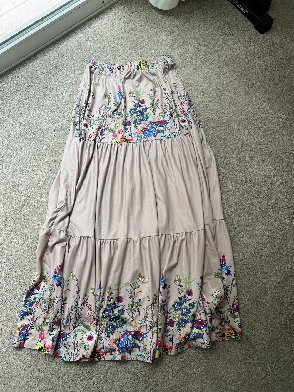 Floral Border Tiered Maxi Skirt in Light Taupe
